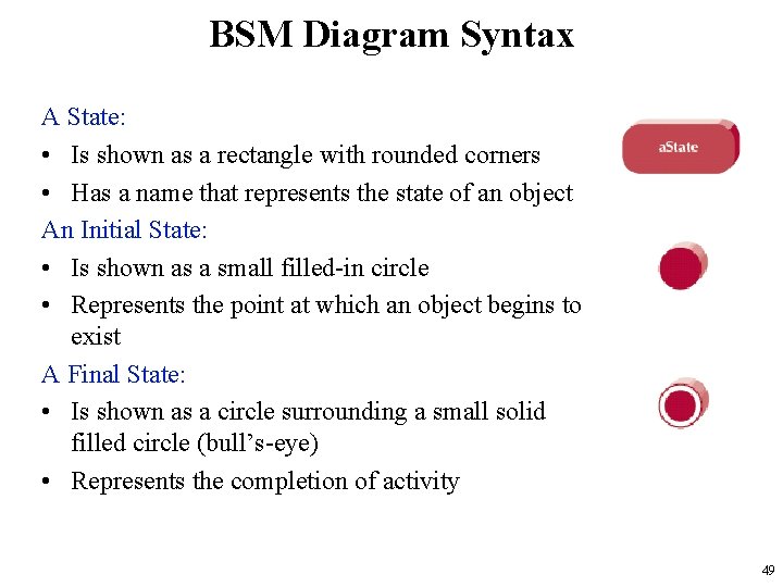 BSM Diagram Syntax A State: • Is shown as a rectangle with rounded corners