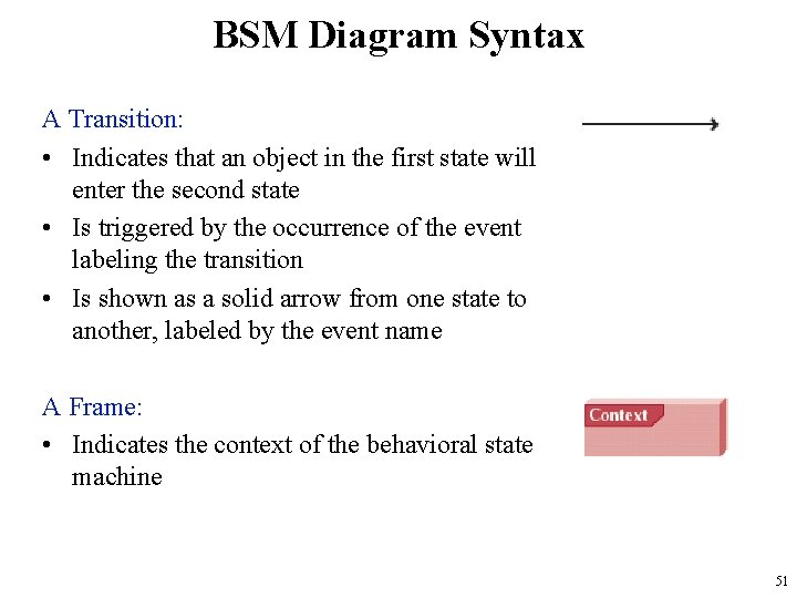 BSM Diagram Syntax A Transition: • Indicates that an object in the first state