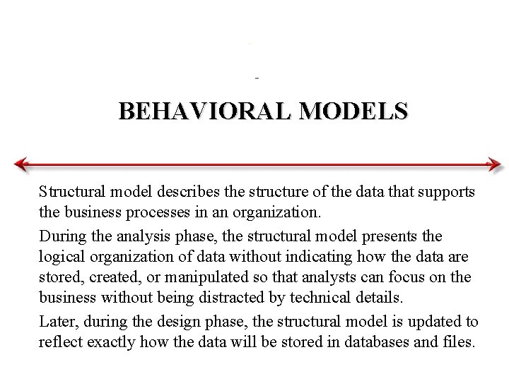 BEHAVIORAL MODELS Structural model describes the structure of the data that supports the business