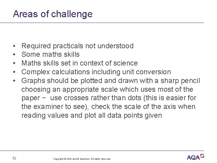 Areas of challenge • • • 52 Required practicals not understood Some maths skills