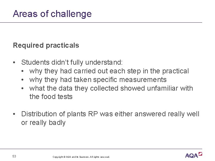 Areas of challenge Required practicals • Students didn’t fully understand: • why they had