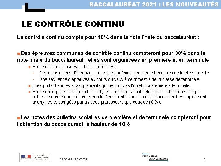 BACCALAURÉAT 2021 : LES NOUVEAUTÉS LE CONTRÔLE CONTINU Le contrôle continu compte pour 40%