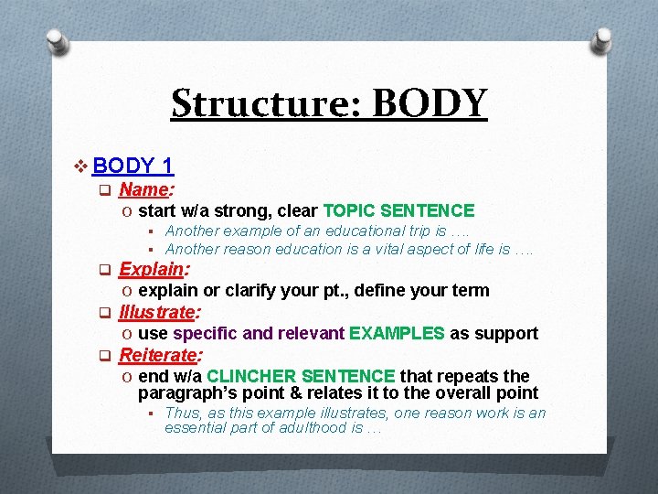 Structure: BODY v BODY 1 q Name: O start w/a strong, clear TOPIC SENTENCE