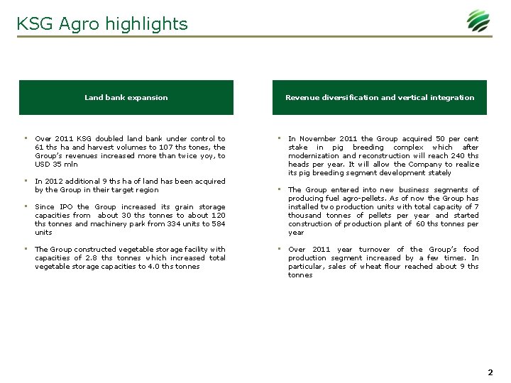 KSG Agro highlights Land bank expansion • Over 2011 KSG doubled land bank under