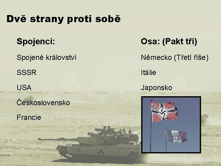 Dvě strany proti sobě Spojenci: Osa: (Pakt tří) Spojené království Německo (Třetí říše) SSSR