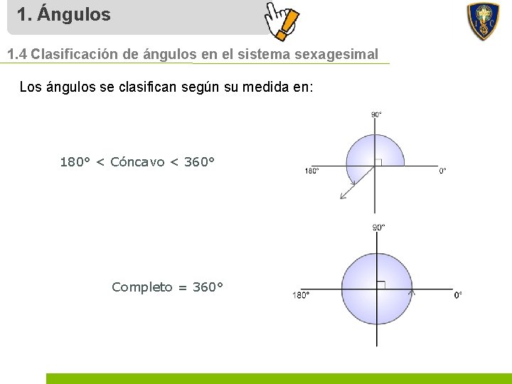 1. Ángulos 1. 4 Clasificación de ángulos en el sistema sexagesimal Los ángulos se