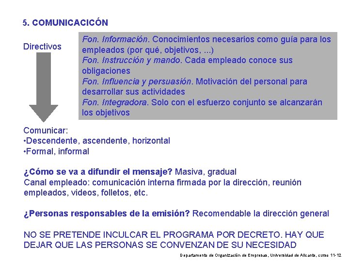 5. COMUNICACICÓN Directivos Fon. Información. Conocimientos necesarios como guía para los empleados (por qué,