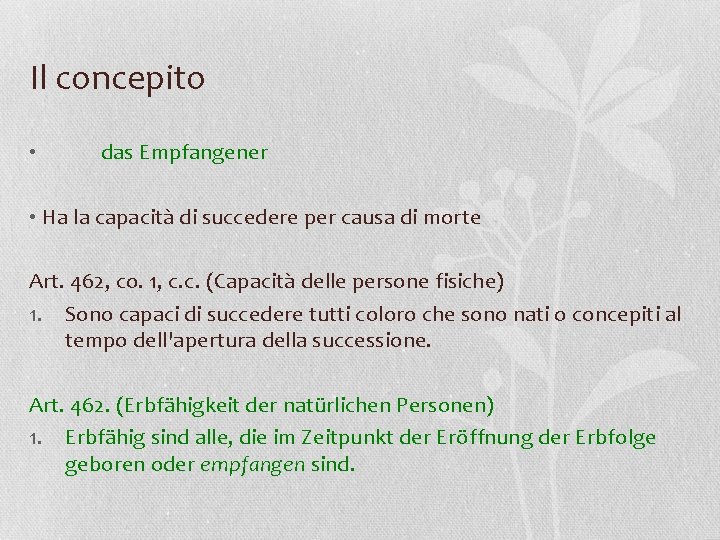 Il concepito • das Empfangener • Ha la capacità di succedere per causa di