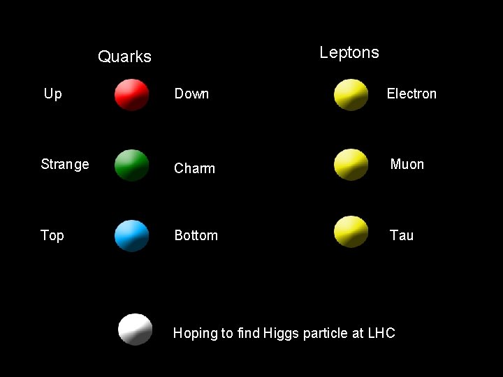 Leptons Quarks Up Down Electron Strange Charm Muon Top Bottom Tau Hoping to find