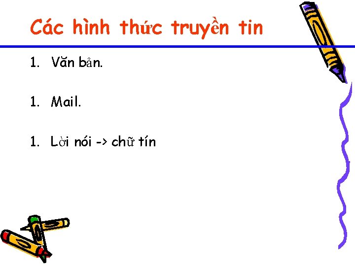 Các hình thức truyền tin 1. Văn bản. 1. Mail. 1. Lời nói ->