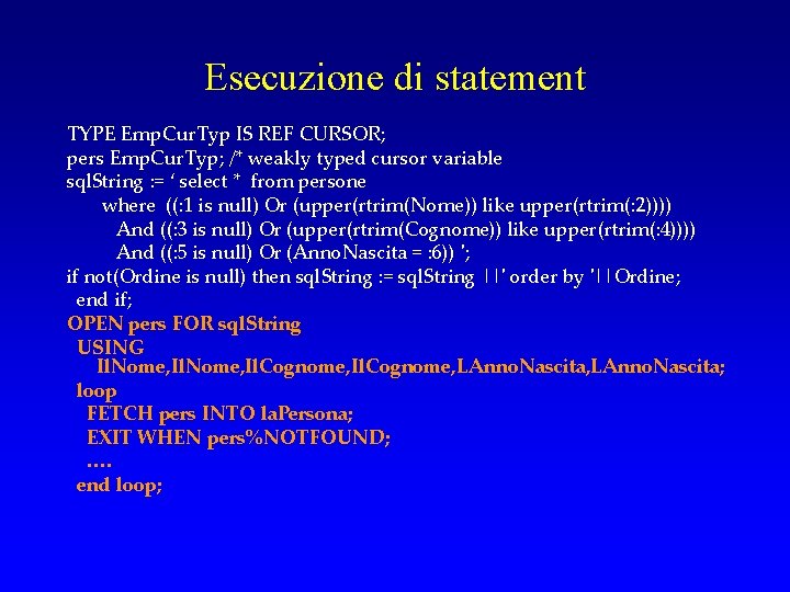 Esecuzione di statement TYPE Emp. Cur. Typ IS REF CURSOR; pers Emp. Cur. Typ;