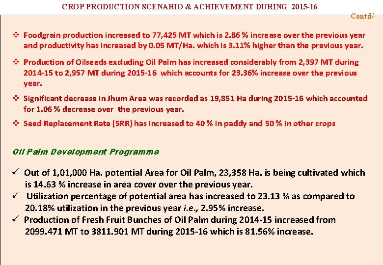 CROP PRODUCTION SCENARIO & ACHIEVEMENT DURING 2015 -16 Contd/- v Foodgrain production increased to
