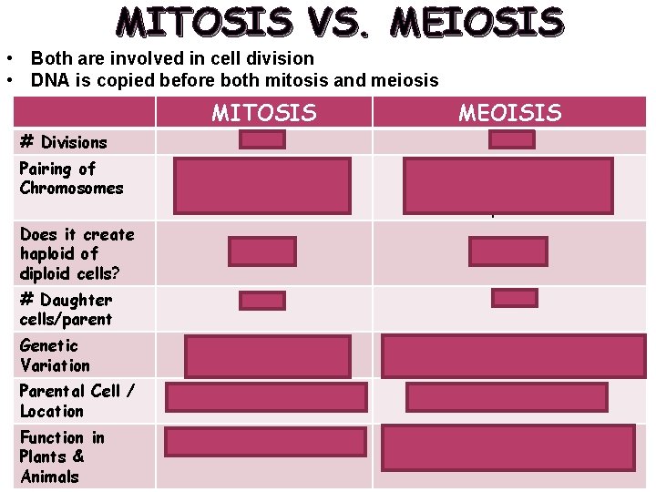 MITOSIS VS. MEIOSIS • Both are involved in cell division • DNA is copied