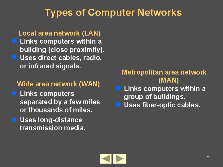 Types of Computer Networks Local area network (LAN) n Links computers within a building