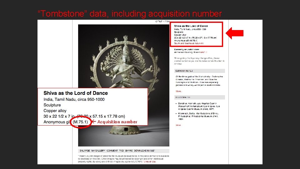 “Tombstone” data, including acquisition number Acquisition number 