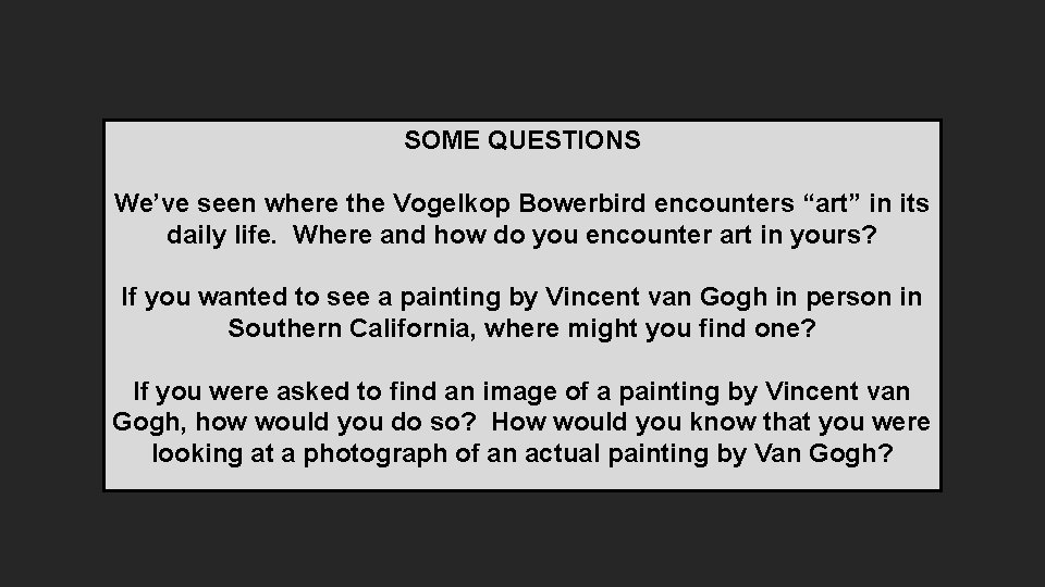 SOME QUESTIONS We’ve seen where the Vogelkop Bowerbird encounters “art” in its daily life.