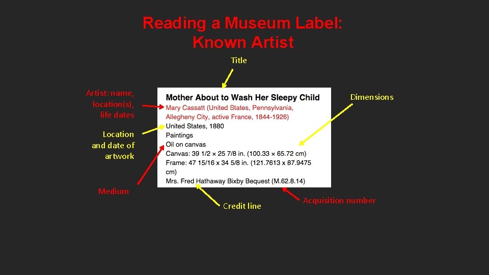 Reading a Museum Label: Known Artist Title Artist: name, location(s), life dates Dimensions Location