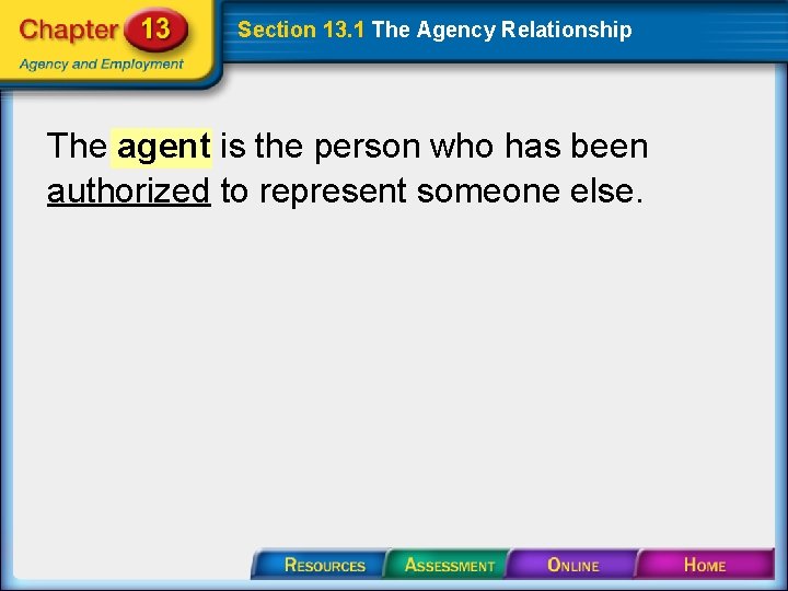Section 13. 1 The Agency Relationship The agent is the person who has been