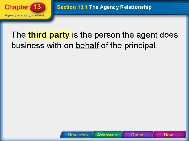 Section 13. 1 The Agency Relationship The third party is the person the agent