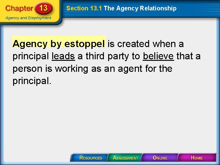 Section 13. 1 The Agency Relationship Agency by estoppel is created when a principal