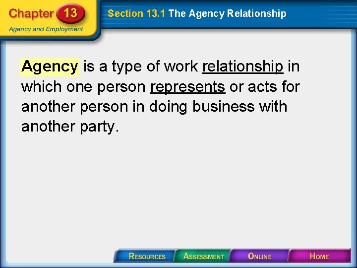 Section 13. 1 The Agency Relationship Agency is a type of work relationship in