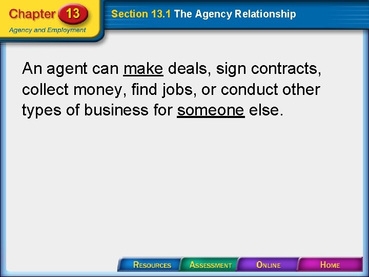 Section 13. 1 The Agency Relationship An agent can make deals, sign contracts, collect