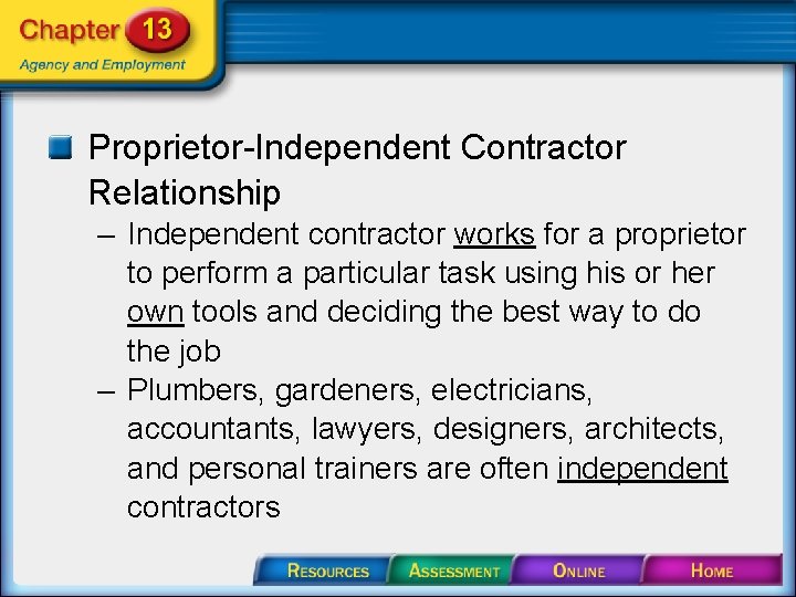Proprietor-Independent Contractor Relationship – Independent contractor works for a proprietor to perform a particular