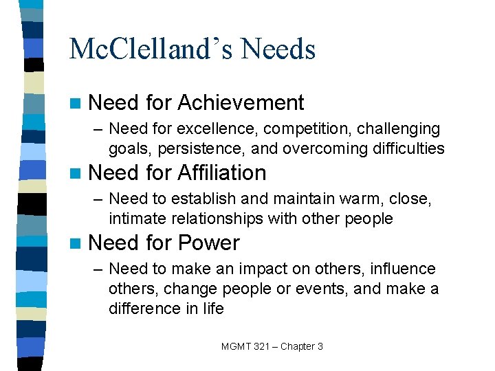 Mc. Clelland’s Needs n Need for Achievement – Need for excellence, competition, challenging goals,