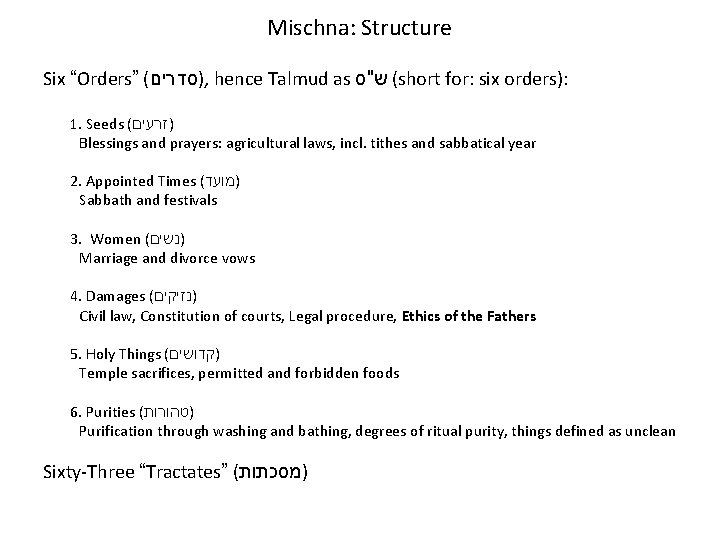 Mischna: Structure Six “Orders” ( )סדרים , hence Talmud as ( ש"ס short for: