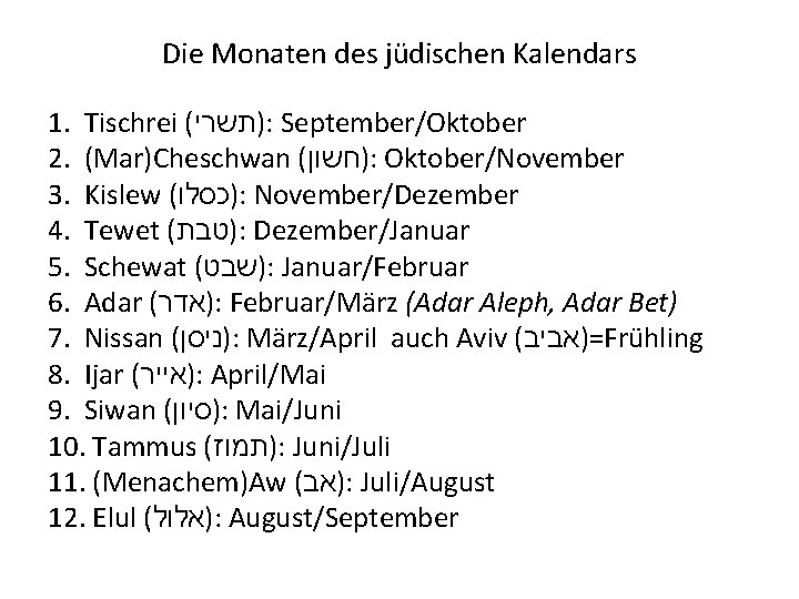 Die Monaten des jüdischen Kalendars 1. Tischrei ( )תשרי : September/Oktober 2. (Mar)Cheschwan (