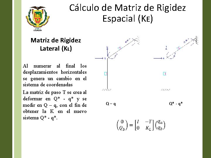 Cálculo de Matriz de Rigidez Espacial (KE) Matriz de Rigidez Lateral (KL) Al numerar