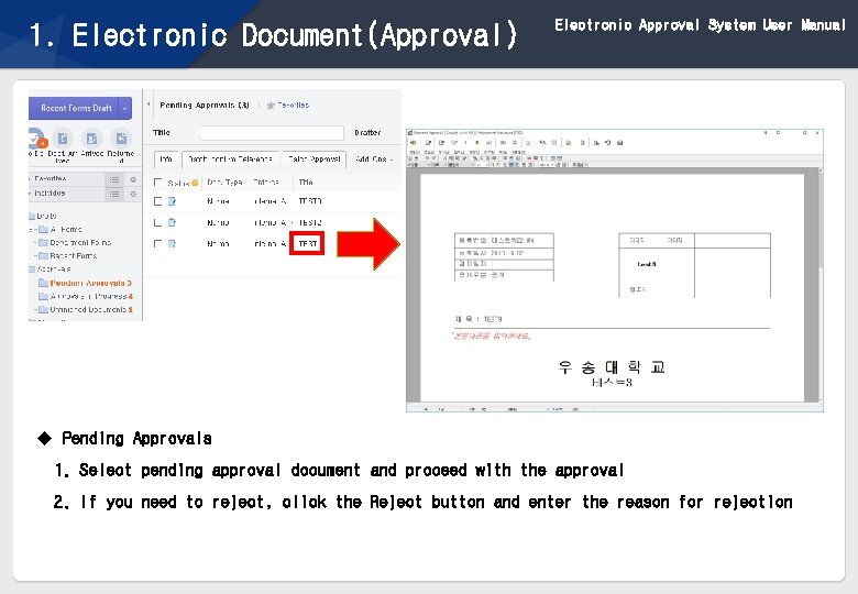 1. Electronic Document(Approval) Electronic Approval System User Manual u Pending Approvals 1. Select pending