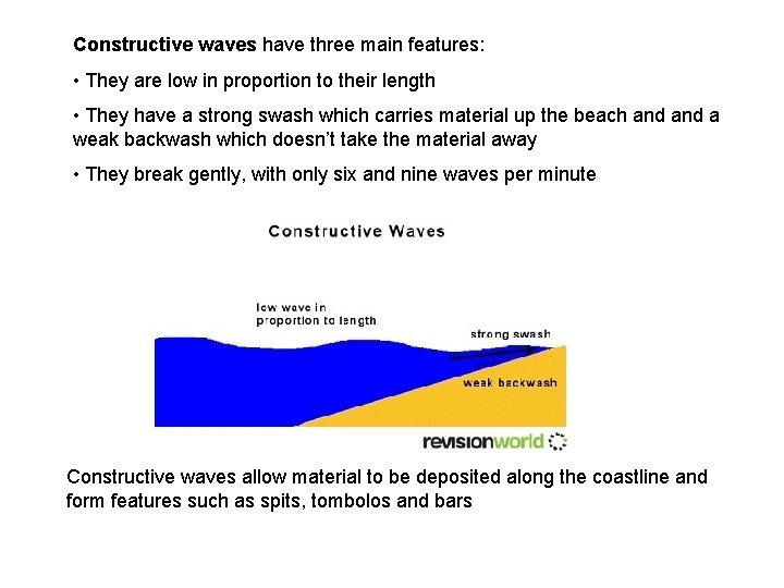 Constructive waves have three main features: • They are low in proportion to their