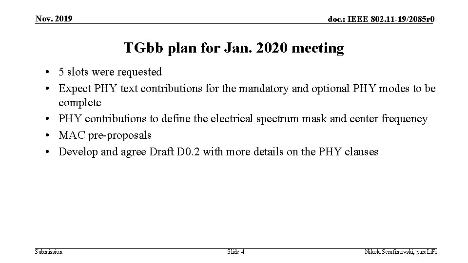 Nov. 2019 doc. : IEEE 802. 11 -19/2085 r 0 TGbb plan for Jan.