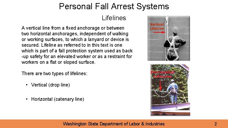 Personal Fall Arrest Systems Lifelines A vertical line from a fixed anchorage or between