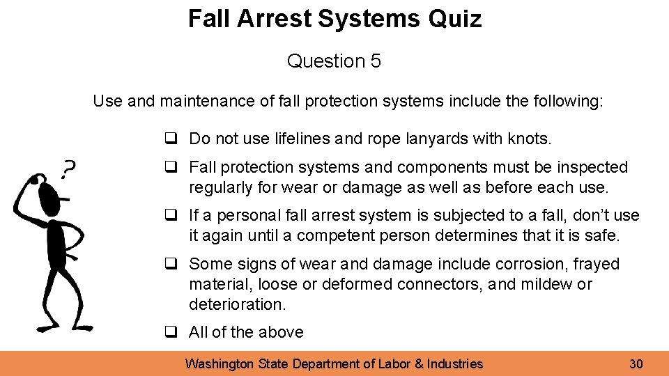 Fall Arrest Systems Quiz Question 5 Use and maintenance of fall protection systems include