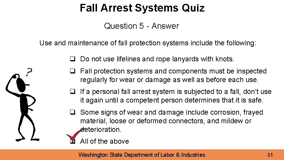 Fall Arrest Systems Quiz Question 5 - Answer Use and maintenance of fall protection