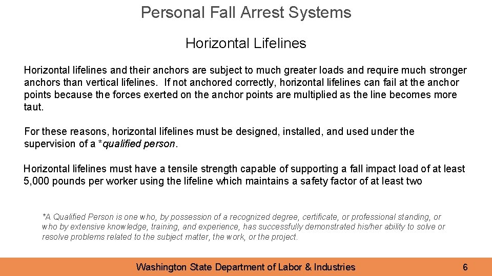 Personal Fall Arrest Systems Horizontal Lifelines Horizontal lifelines and their anchors are subject to