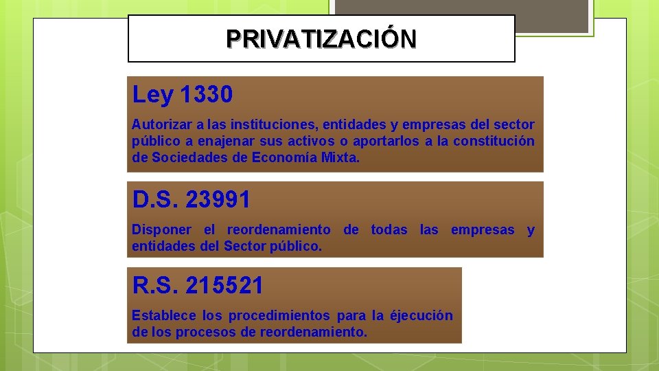 PRIVATIZACIÓN Ley 1330 Autorizar a las instituciones, entidades y empresas del sector público a