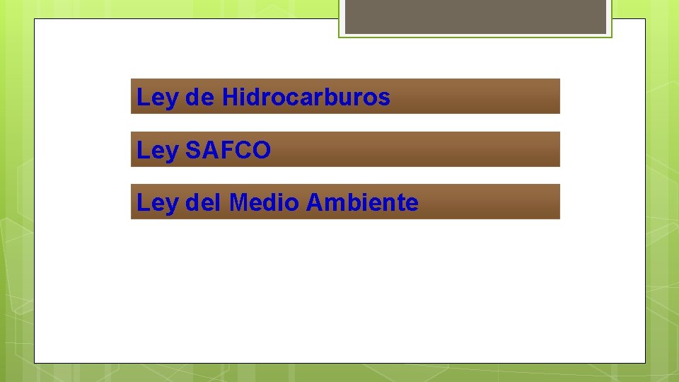 Ley de Hidrocarburos Ley SAFCO Ley del Medio Ambiente 