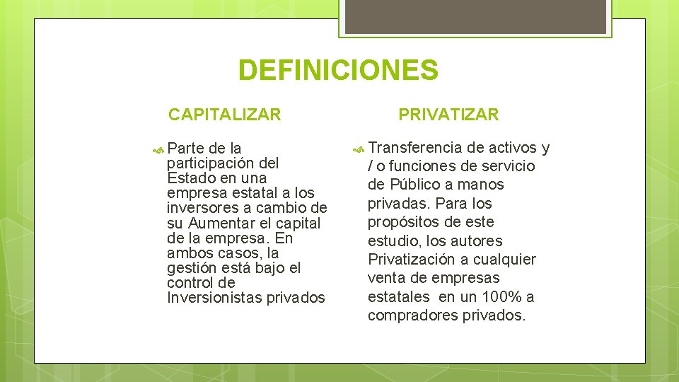 DEFINICIONES CAPITALIZAR Parte de la participación del Estado en una empresa estatal a los