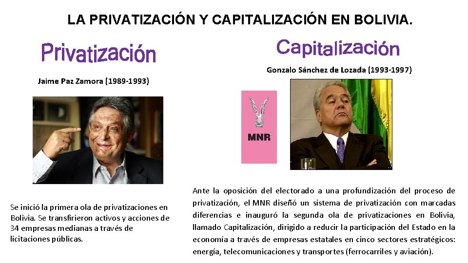 LA PRIVATIZACIÓN Y CAPITALIZACIÓN EN BOLIVIA. Gonzalo Sánchez de Lozada (1993 -1997) Jaime Paz