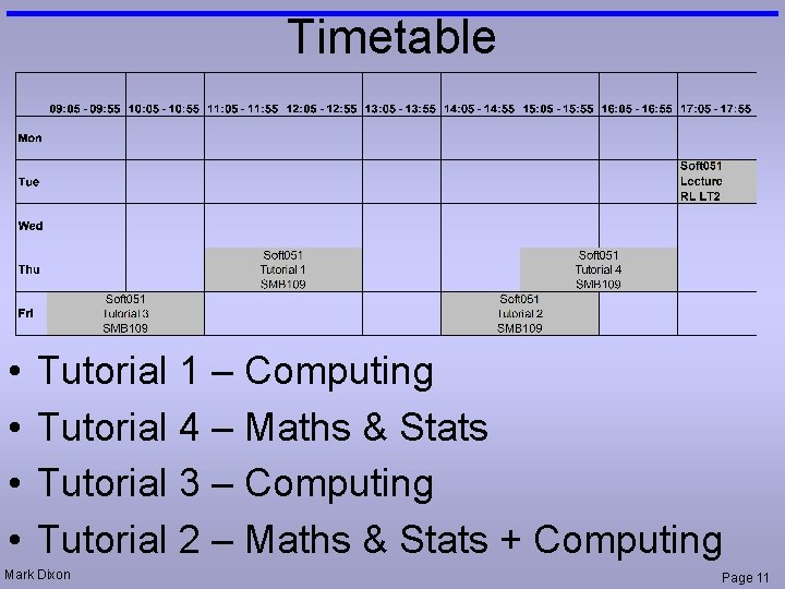 Timetable • • Tutorial 1 – Computing Tutorial 4 – Maths & Stats Tutorial