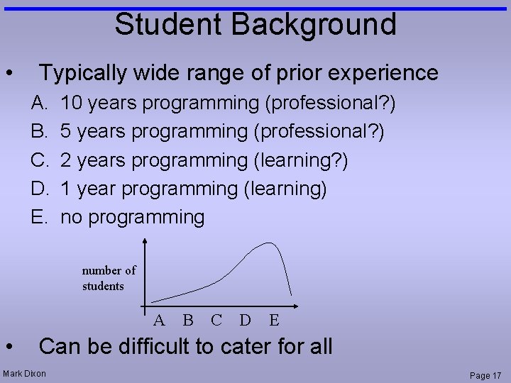 Student Background • Typically wide range of prior experience A. B. C. D. E.