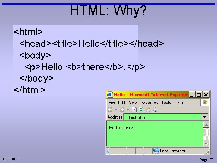 HTML: Why? <html> <head><title>Hello</title></head> <body> <p>Hello <b>there</b>. </p> </body> </html> Mark Dixon Page 27