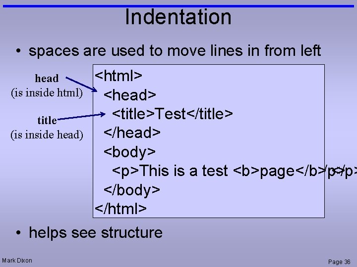 Indentation • spaces are used to move lines in from left head (is inside