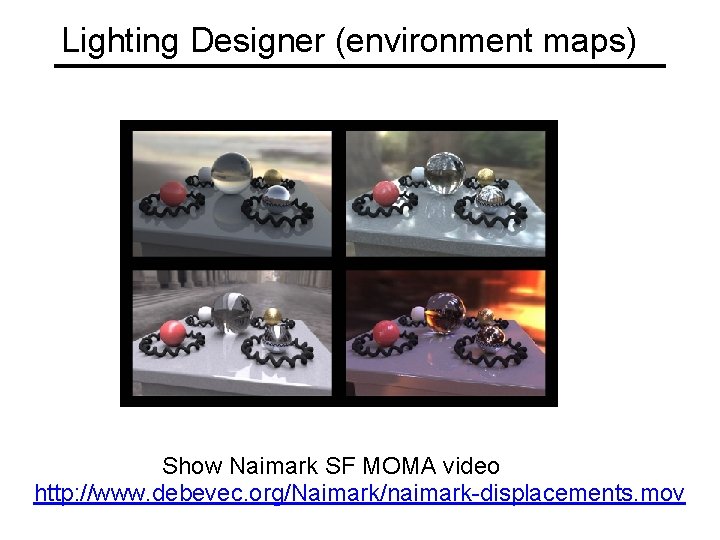 Lighting Designer (environment maps) Show Naimark SF MOMA video http: //www. debevec. org/Naimark/naimark-displacements. mov