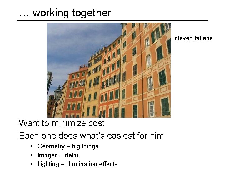 … working together clever Italians Want to minimize cost Each one does what’s easiest