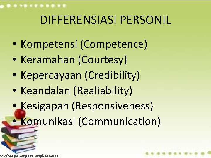 DIFFERENSIASI PERSONIL • • • Kompetensi (Competence) Keramahan (Courtesy) Kepercayaan (Credibility) Keandalan (Realiability) Kesigapan