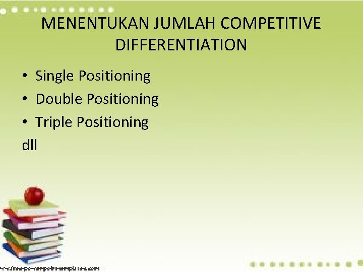 MENENTUKAN JUMLAH COMPETITIVE DIFFERENTIATION • Single Positioning • Double Positioning • Triple Positioning dll